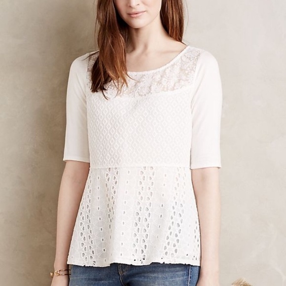 Anthropologie Tops - Anthropologie Tiny White Lace Eyelet Peplum Top